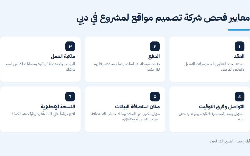 معايير فحص شركة تصميم مواقع لمشروع في دبي