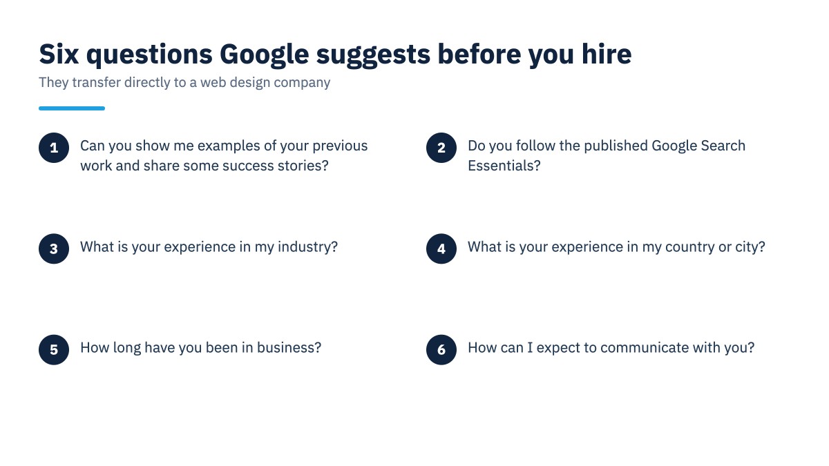 How to Choose a Web Design Company: Questions to Ask 1 How to choose a web design company using six questions Google suggests before hiring