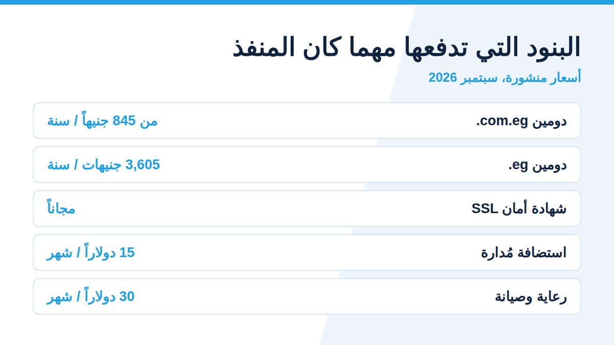 كم تكلفة تصميم موقع إلكتروني في مصر؟ تفصيل حقيقي للبنود 1 جدول البنود السنوية الثابتة في تكلفة تصميم موقع في مصر من الدومين إلى الاستضافة