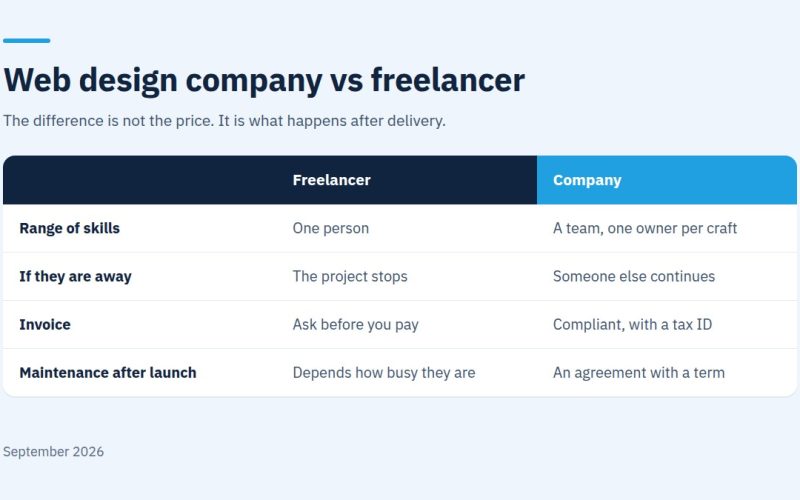 Web design company vs freelancer comparison table across four items