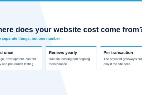 Diagram of website cost in Egypt split into a one-time build, yearly renewals and per-transaction fees
