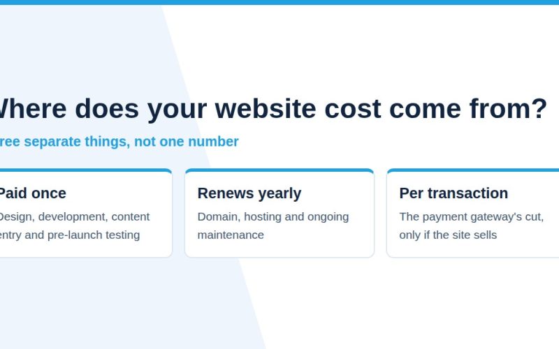 Diagram of website cost in Egypt split into a one-time build, yearly renewals and per-transaction fees